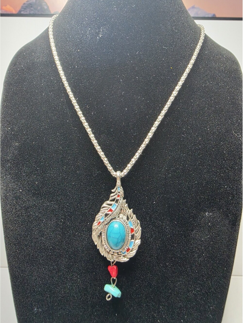 Faux Turquoise Necklace Silver Tone Teardop Pendant 22"